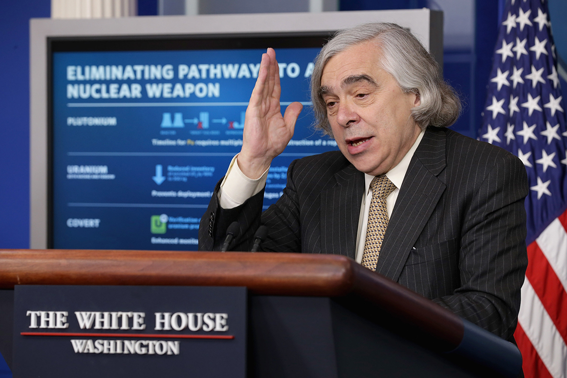 The then Energy Minister Ernest Moniz briefs reporters in the Brady Press Briefing Room.