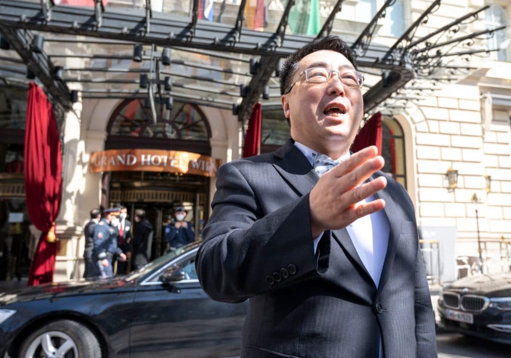 The Ambassador of the Permanent Mission of the People's Republic of China to the United Nations, Wang Qun, speaks after the closed nuclear talks with Iran in Vienna, where diplomats from the EU, China and Russia, with journalists in front of the Grand Hotel and Iran held their talks.  The United States takes part in discussions in Vienna to try to save the international agreement on Iranian nuclear power.  However, they do not meet at the same table as Tehran and it is the Europeans who act as mediators between the two parties.  (Photo by JOE KLAMAR / AFP via Getty Images)