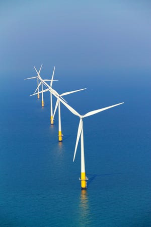 An aerial view of the Kentish Flats wind farm shows the wind turbine generators.