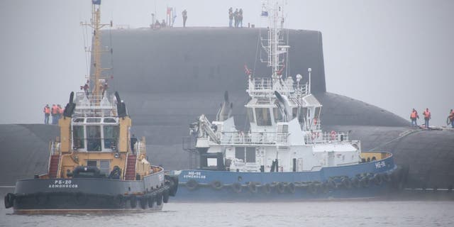 SAINT-PETERSBURG, RUSSIA - JULY 26: The Dmitriy Donskoy (TK-208) nuclear ballistic missile submarine arrives at St Petersburg to take part in a ship parade marking Russian Navy Day in Russia on July 26, 2017.